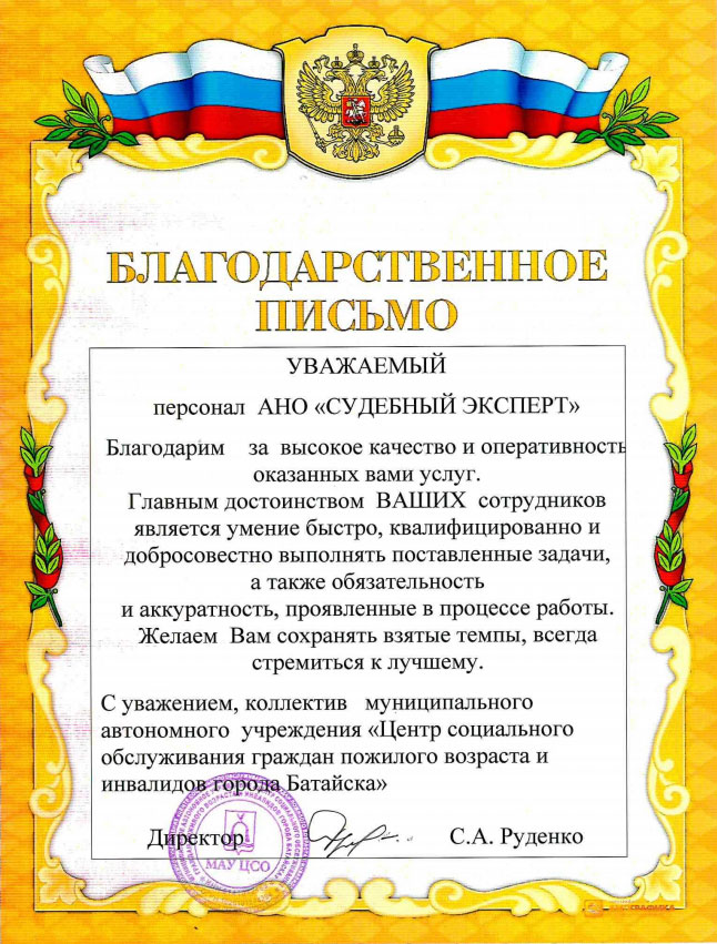 Благодарственное письмо МАУ «ЦСО»