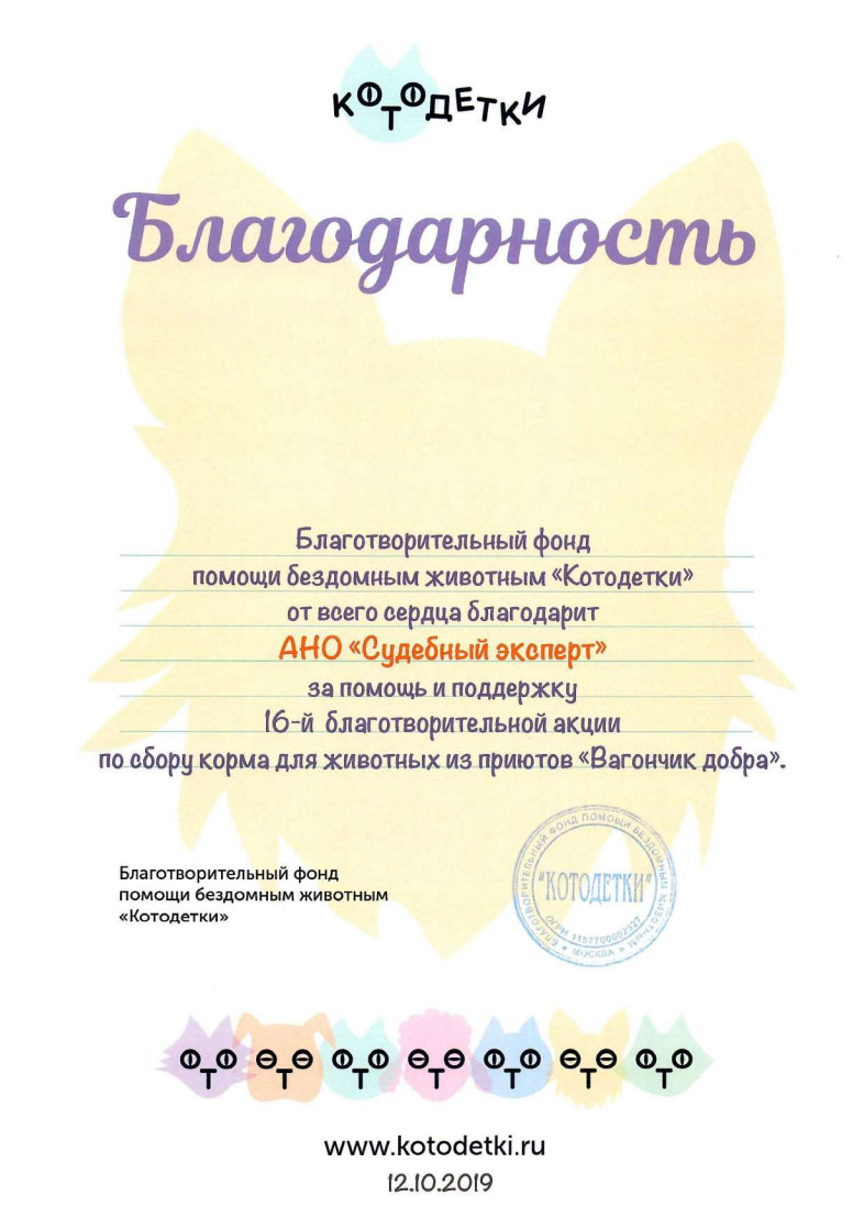Благодарственное письмо от благотворительного фонда «Котодетки»