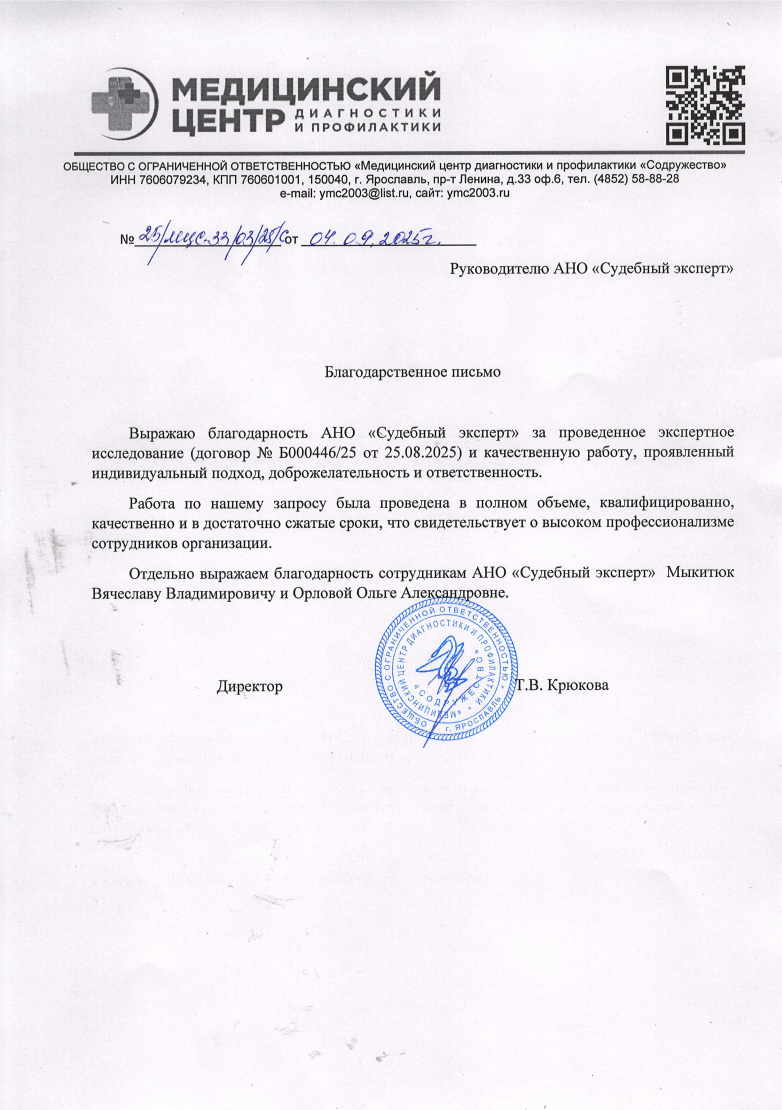 Благодарственное письмо от медицинского центра «Содружество»