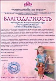 Благодарственное письмо благотворительного фонда «Лучик детства»