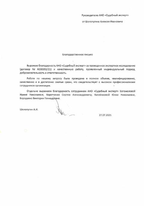 Благодарственное письмо от Шелопугина А.И.