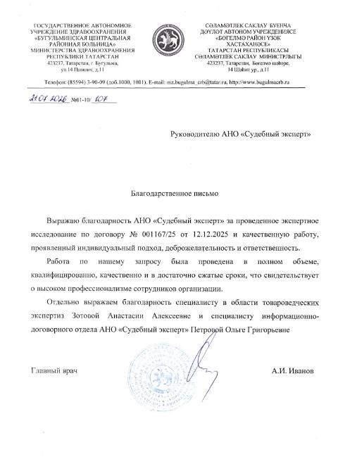 Благодарственное письмо от Князевой Людмилы Владимировны